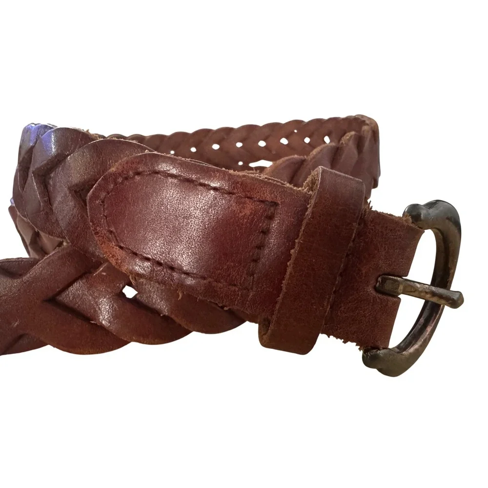 Womens VTG Braided Belt Leather Brass Buckle Boho Western sz 40 no holes Mexico